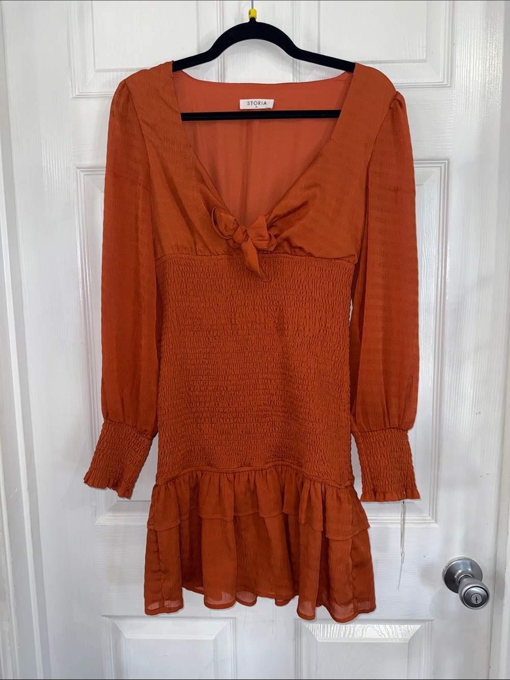 Storia Warm Rust Tie-Front Smocked Long Sleeve Mini Dress